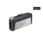 SanDisk Ultra Dual Drive USB‑C 32 ГБ флеш‑накопитель с черной текстурированной задней панелью, полированной серебряной лицевой панелью с логотипом SanDisk, виден USB‑C разъём и значок совместимости с Android