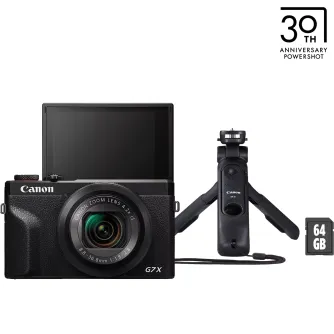 Melna Canon PowerShot G7 X Mark III Vlogger KIT kompaktā kamera ar izklājamo ekrānu, pievienoto statīvu un bezvadu tālvadības pulti, kā arī 64 GB SD karti