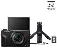 Melna Canon PowerShot G7 X Mark III Vlogger KIT kompaktā kamera ar izklājamo ekrānu, pievienoto statīvu un bezvadu tālvadības pulti, kā arī 64 GB SD kartiMelna Canon PowerShot G7 X Mark III Vlogger KIT kompaktā kamera ar izklājamo ekrānu, pievienoto statīvu un bezvadu tālvadības pulti, kā arī 64 GB SD karti