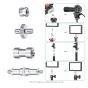 Neewer 16-piece metal tripod screw adapter set with 1/4" and 3/8" thread converters and a D-Ring screw, illustrating connections to cameras, monitors, and microphones.