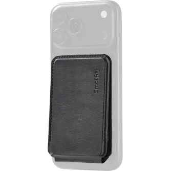 SmallRig 6731 Megasafe Wallet Stand Black attached to a clear iPhone case, showing textured black leather front with embossed SmallRig logo, stitching and magnetic mounting for travel and everyday carry.