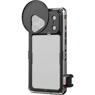 SmallRig 6901 Standard Cage Kit for iPhone 18 Pro Max, black aluminium cage with attached 67 mm filter backplate, SR‑MicroSlide rails and cold‑shoe adapter, side mounting holes and wrist‑strap slots present.