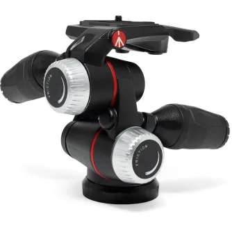Manfrotto X‑Pro 3‑Usturo tripod head ar XCHANGE ātrabloķēšanas sistēmu, neatkarīgas traucības knobs un 12 kg lēmumu kapasitāte, redzama frontālajā skatījumā.