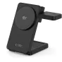 Tech‑Protect A56 3‑in‑1 Qi2.2 wireless charger, black, 25 W MagSafe smartphone pad, adjustable vertical stand, smartwatch circle and headphone surface, foldable design