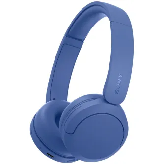 Синие Sony WH-CH530 беспроводные накладные наушники с подушечным подголовком и ушами, вид сбоку с логотипом бренда