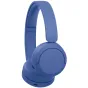 Blue Sony WH‑CH530 wireless headphones shown from a side angle, featuring a padded headband, large ear cup, USB‑C charging port and control buttons on the bottom.