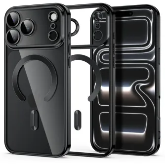 Tech‑Protect черный MagFlex‑кейс для iPhone 17/18 Pro с прозрачной задней панелью, магнитным кольцом MagSafe и защитой камеры, показан сзади, сбоку и сзади экрана.