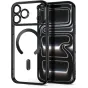 Tech‑Protect MagFlex black case for iPhone 17/18 Pro with transparent back, slim colorful frame, MagSafe magnetic ring and camera lens protection.