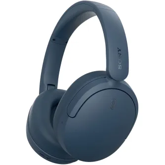 Blue Sony WH-CH730N wireless noise‑canceling headphones, side view, showing foldable headband, ear cup with NC/AMB button and microphone grille, matte finish