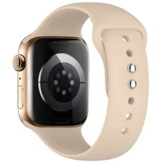 Tech-Protect walnut silikona drabuļa pārslēgums Apple Watch 44‑49 mm ar zelta kasu, redzot spīdienus un regulējā sudraba klapu.