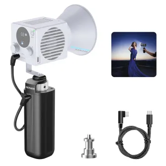 NEEWER PH74E battery grip power supply for portable COB lights, shown with its white COB light unit, black grip, mounting adapter and braided USB‑C cable, plus a lifestyle inset of a model lit by the light.