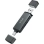 D‑Fruit DF188 kompaktās USB‑C/USB‑A pamatniecības readera ar noņemticām kapšiem, parādot USB‑C un USB‑A konektatorus un SD/microSD šūnas, nodrošina 5 Gbps pārsniegumu.