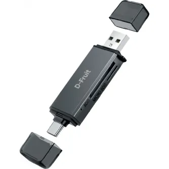 D-Fruit DF188 compact USB‑C/USB‑A memory card reader with removable caps, showing USB‑C and USB‑A connectors and SD/microSD slots, supporting up to 5 Gbps transfer.