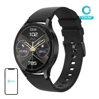 Colmi i28 Ultra melna smartwatch ar silikonas joslni, 1,43‑inčes AMOLED ekrānu, ģerboņu monitoringu, Bluetooth pozīvu un IP68 ūdena withstajamspēja