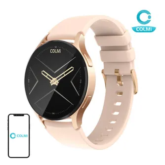 Zelta COLMI i28 Ultra smartwatch ar rozešu silikona pēdienu un melnu analogu dialu, ar 1,43‑pusē AMOLED ekrānu un Bluetooth pozīlām.