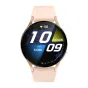 Zelta Colmi i28 Ultra smartwatch ar rozešu silikonu strapu, frontālais skats ar AMOLED ekrānu, redzot pulz 102, 16358 solas un laiku 10:09