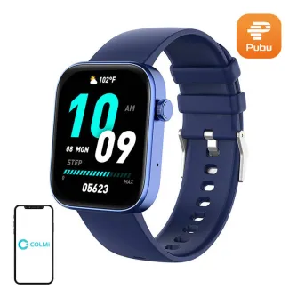 Zili Colmi P71 smartwatch ar silikona pīrīti, 1,9‑palīdzekļa ekrāns parspaude laiku, datu un soļi, pie COLMI tālrunņa ikonas un Pubu logot