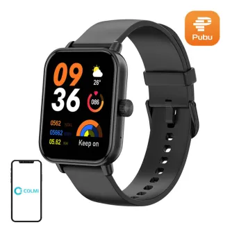 Colmi P81 melna smartwatch ar silikonas joslni, 1,9‑inčas IPS ekrāns ar aktivu laiku, pulznes un soļi skatā, pievienots ar smartfonu ikonu ar COLMI logu un zaļo PUBU logu, uzliekoties par savu sveicatspēja un bluetooth pozīvu fu