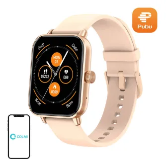 Zelta COLMi P81 smartwatch ar bezu silikonu strapu, 1,9‑inčes IPS ekrāna parādot soļus, pulzniecēm, kalorijām un datumu, pie tam smartfonu ikonu ar COLMi logo un zaļo Pubu logo