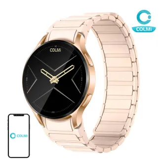 Zelta COLMi i28 Ultra smartwatch ar magnetiski joslām un 1,43‑pusējo AMOLED ekrānu, par godu smartphonea ikonu ar COLMi logo