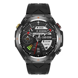 Colmi V75 melna smartwatch ar 1,45‑polzāku HD touchscreeni, parādot sveikates metrikas, kompasu, augstumu, apgādu, laiku 22:09, datumu 06/28, akumu 268, temperatūru 24°C, zelta akcenta poga un sarkans spīdiens uz melnu tekstu šķ
