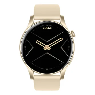 Zelta COLMi V73 smartwatch ar bezu šķēpa ģērbu, ar 1,43‑inčes AMOLED ekrānu, Bluetooth pozīlām, sveikates izdevotāju un IP67 ūdenaůmums.