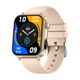 Zelta Colmi P80 smartwatch ar bežas silikona pīrīgu, parādīta kolorīta watch face ar 16358 soļiem, 785 kcal, laiks 10:09 un sveiksmietricas.