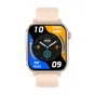 Zelta Colmi P80 smartwatch ar bežasilicones joslām, frontālais skats, 1,83‑inč HD ekrāns ar vadītāju skaitļiem, kaloriem un laiku uz kolorīgu skatņi.