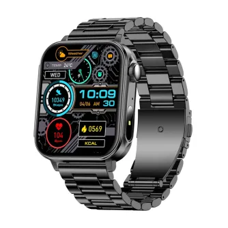 Colmi P80 zelta melna smartwatch ar 1,83‑pusējo HD ekrānu, kas parādītas soļi, pulzlīdzeklis, kalorijas un weather, ar metalu līniju braceļu un pēdējo kroni.