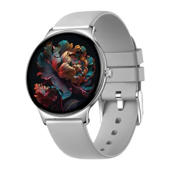 Colmi V89 sudra smartwatch ar zili gumu joslām, rotātu krūnu un izklājot vividu burtu uz 1,43‑inčam AMOLED ekrānu