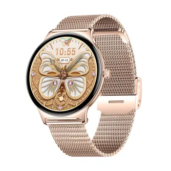 Zelta COLMi V89 smartwatch ar dzērnu zelta krāsas gadījumu, stāvu zīmogs, 1,43‑polzuma AMOLED ekrāna, 10:55 un puķu tēma dials, Bluetooth pozīlī, sveikats apmeklēšana, IP67 aizsardzības