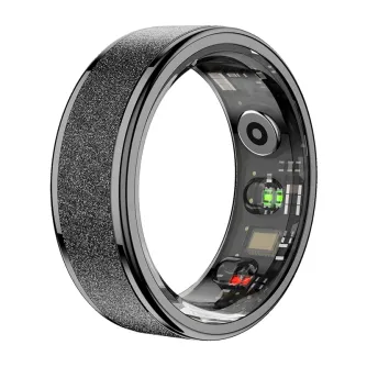 Melna Colmi R10 9. smart ring ar matīgu metalu apgabalī un transparentu pusi, kas atskatās ieteka skatītāju, sensori un 2‑pinu iekavu kontakti