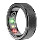 Melna Colmi R10 smart ring 9. izmērs, transparentā puses redzami zaļš un sarkanās sveikasensori un skurstenis, matīgs metalais ģerbonis