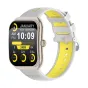 Colmi P86 zelta smartwatch ar baltu silikona joslni ar zaļu ietnu, ar 1,93‑palādo AMOLED ekrānu, kas parādā 10:09, datumu 19.04.2024, 2489 soņi, 22 °C un 3,8 km, ar rotājošu krūnu un magnetiskā 2‑pinu kablu.
