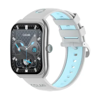 Zelta Colmi P86 smartwatch ar 1,93‑polzāmu AMOLED ekrānu, saule‑zili silikona strapu, rotātu krūnu un ģerboņu izpildes funkcijas