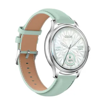 COLMI L28 smartwatch with a silver case and light green leather strap, featuring a 1.32‑inch AMOLED display showing 10349 steps, 103.4 kcal and 80% battery, perfect for fitness tracking and everyday wear.