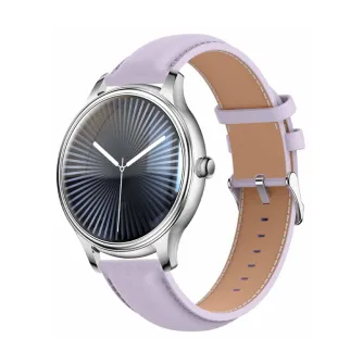COLMI L28 smartwatch with silver case and purple leather strap, 1.32‑inch AMOLED display with radial line pattern, white hands and side crown, shown on white background.