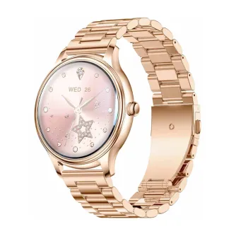 Zelta COLMI L28 smartwatch ar zelta metalu līniju, pīsu grādu dialu ar zvaigžņu akcentiem, datu redzot WED 26, vienu krūti un polīra metalu līniju, parādīta uz kļūtu balta laukā.