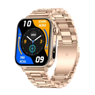 Zelta Colmi P80 smartwatch ar stālu līnijas pēdām, 1,83‑inčas HD touchscreenu, kas parādītas soļi, kalori un laiks.