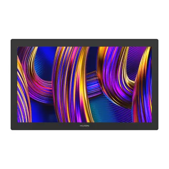 Huion Kamvas Pro 27 27‑inch 4K UHD pen display with 144 Hz refresh rate, black frame, screen showing vibrant abstract lines, HUION logo at bottom, front view of the active graphics tablet.