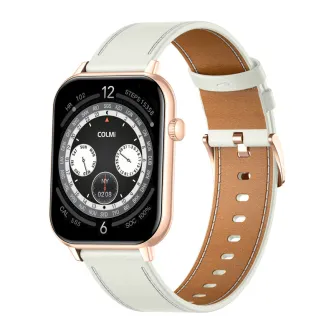 COLMI C28 zelta smartwatch ar baltu leātra šķēnu, 1,93‑polzuma ekrāna par soļiem, sveicinātāju un pasaules pulksteni, slim 7 mm