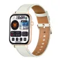 COLMI C28 smartwatch ar zelta kovnes gabali un baltu leātra joslām, parādīts 1,93‑inčes AMOLED ekrāns ar sveiksmi metrikām, izskatot slimu formu un pilnspīdību.