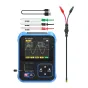 FNIRSI DSO-TC3 handheld digital oscilloscope with blue case, color display showing waveform, USB‑C cable and test leads