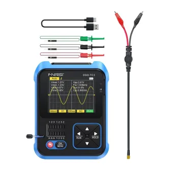 FNIRSI DSO-TC3 handheld digital oscilloscope with blue case, color display showing waveform, USB‑C cable and test leads