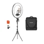 Neewer RL45B 45W 18‑inch ultra‑thin LED ring light on tripod with smartphone mount, remote and orange accessory, plus black NEEWER carrying bag