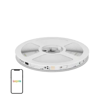 Лепро S1 20 м Wi‑Fi Bluetooth RGBIC светодиодная лента в рулоне с боковыми разъёмами и смартфоном, показывающим приложение Lepro, для умного освещения