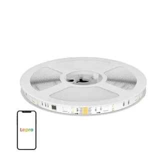 Лента LED Lepro S2 5 м с Wi‑Fi, Bluetooth и RGBIC, упакованная на белой катушке, рядом с телефоном, где виден логотип Lepro