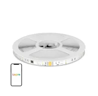 Lepro S2 5 m Wi‑Fi Bluetooth RGBIC LED strip roll with segmented colour control, shown on a white reel alongside a smartphone displaying the Lepro app logoLepro S2 5 m Wi‑Fi Bluetooth RGBIC LED strip roll with segmented colour control, shown on a white reel alongside a smartphone displaying the Lepro app logo