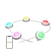 Lepro E1-30 smart outdoor lighting system with five RGB+CCT LED modules in cyan, yellow, red, pink and green, connected by a white cable and a smartphone showing the Lepro app logoLepro E1-30 smart outdoor lighting system with five RGB+CCT LED modules in cyan, yellow, red, pink and green, connected by a white cable and a smartphone showing the Lepro app logo