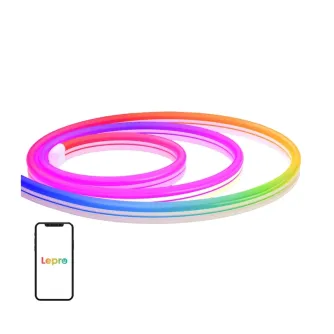 Lepro N1 3 m smart neon LED strip coiled in rainbow colors with a smartphone showing the Lepro app for app and voice control